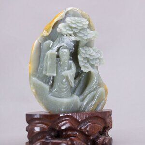 Chinese Hetian Jade Statue w Taoism Deity & Pine Tree